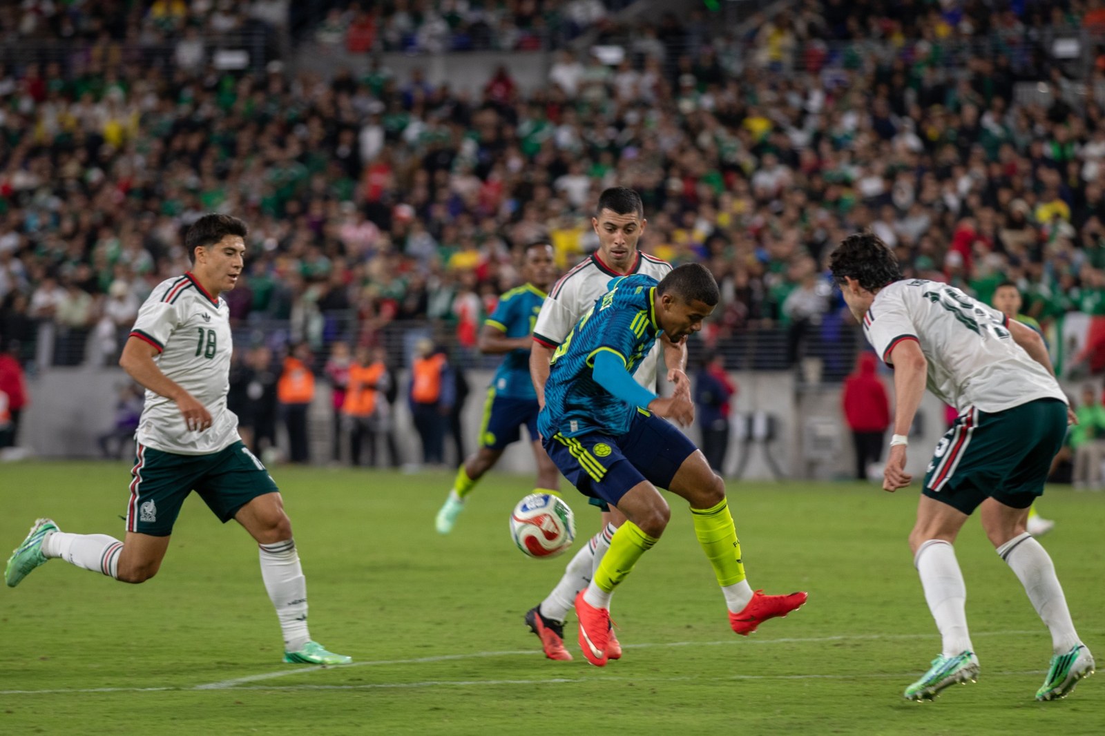 Colombia and Mexico contest the ball during the Baltimore friendly.